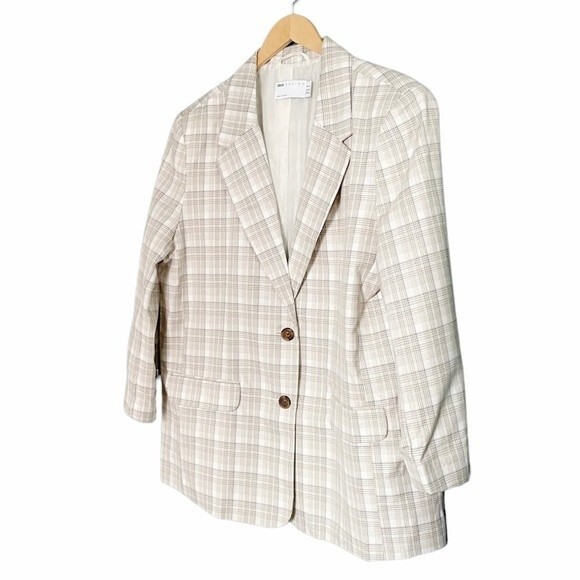 ASOS Design Oversized Blazer Cream Tan Plaid Boyfriend Jacket Size 12P 12 Petite - Picture 4 of 9